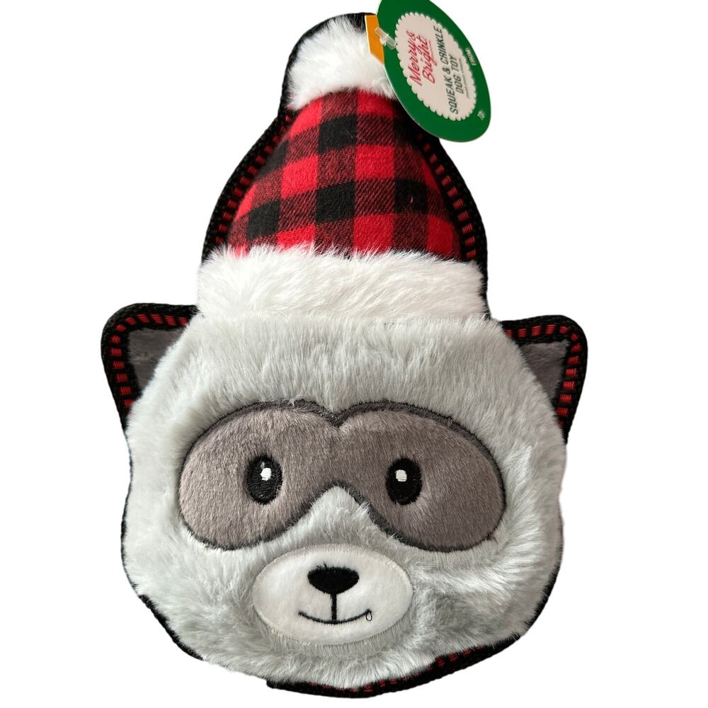 Merry & Bright Raccoon Crinkle Cutie Dog‎ Toy  Plush Front Nylon Back, Squeaker